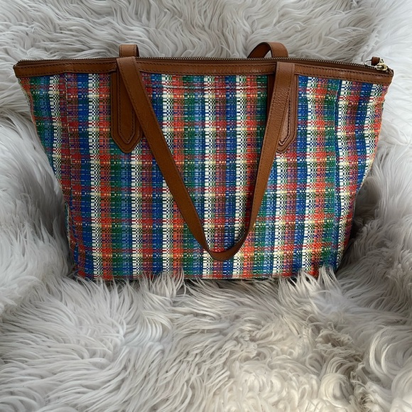 FOSSIL Sydney Y2K Straw Plaid Handbag Purse Tote - Picture 1 of 16